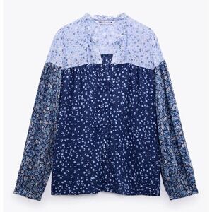 Zara Blue Ditsy Floral Print Long Sleeve Blouse Small NWT Romantic Casual Boho